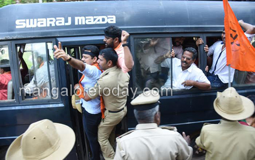 Police had stepped up security in the wake of the protest. Several protestors including VHP leader Jagadish Shenava, Bhajrangdal leader Sharan Pumpwell and Franklin Monteiro of BJP Minorities Morcha  were seen waving black flags and raising slogans  against the  state government and district administration.  All  of them were detained later.7